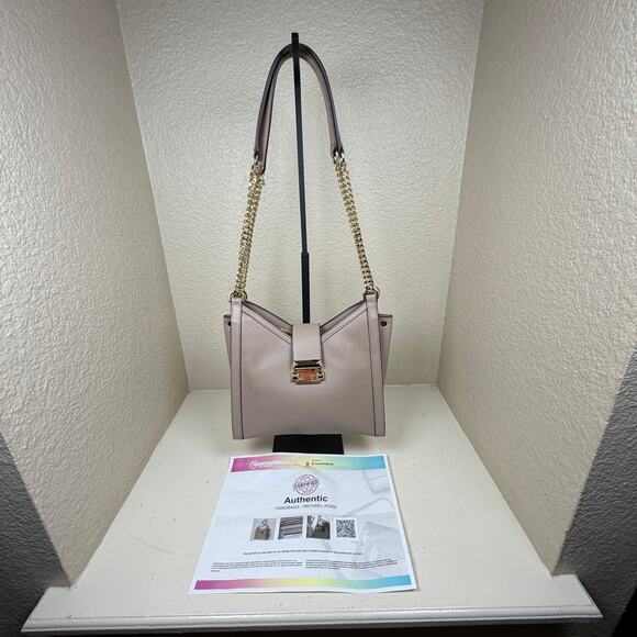 Michael Kors Whitney Polished Leather Chain Shoulder Tote w/COA - Tan - Picture 1 of 14